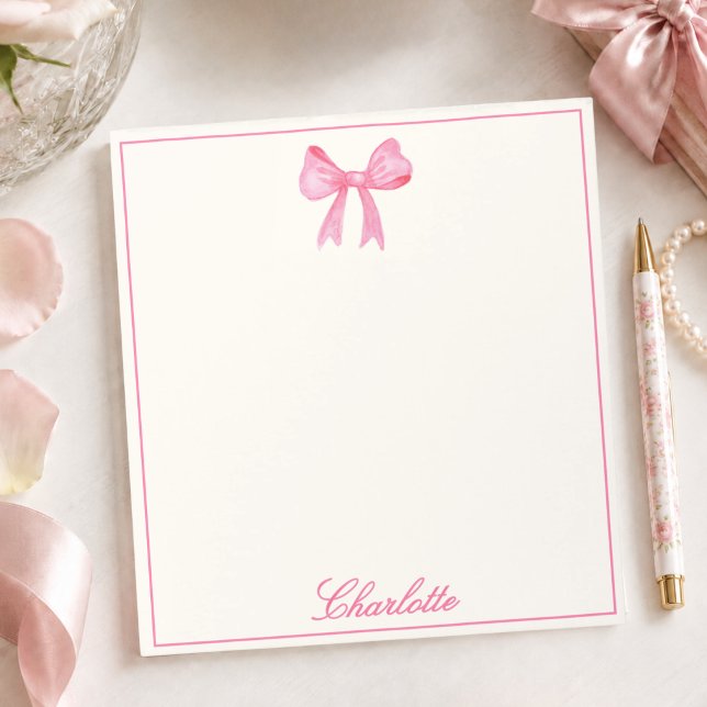 Bloco De Notas Laço Rosa Feminino (cute feminine pink coquette bow notepad with custom name monogram in calligraphy script for girls)