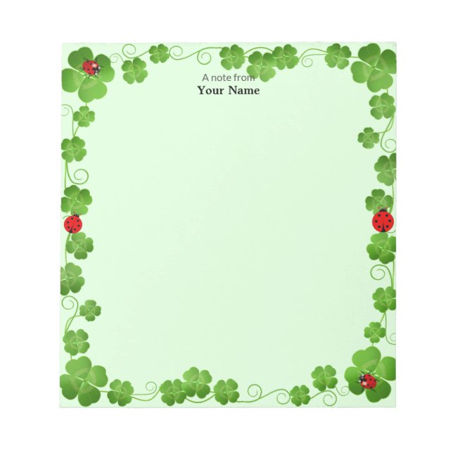 Bloco De Notas Ladybugs e Four_Leaf Clovers em Verde Simples (Frente)