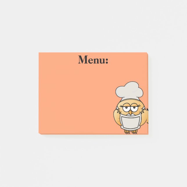 Bloco de Notas Laranja de Menu do Chef Coruja Fofa (Frente)