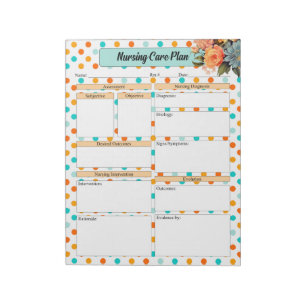 Bloco De Notas Laranja Floral n Bolinhas Azul _ Plano de Cuidados