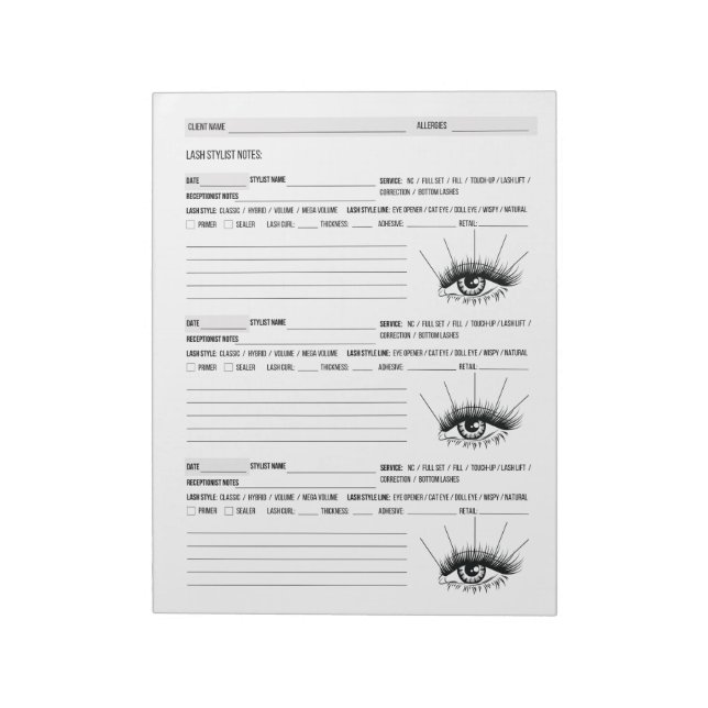 Bloco De Notas Lash Client Record, Lash Extensions Client (Invertido)