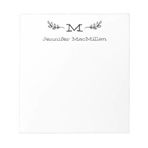 Bloco De Notas Laurel Monograma Inicial Branco Personalizado