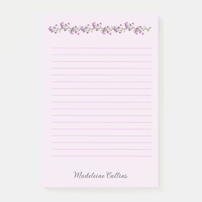 Bloco De Notas Lavanda floral de Nome Personalizado (Frente)