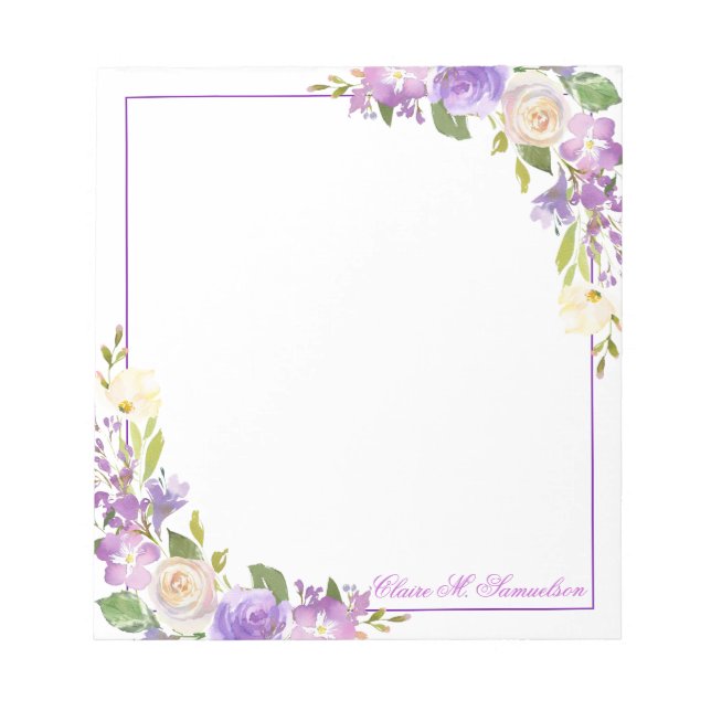 Bloco De Notas Lavanda Roxo Personalizada Floral de Aquarela (Frente)