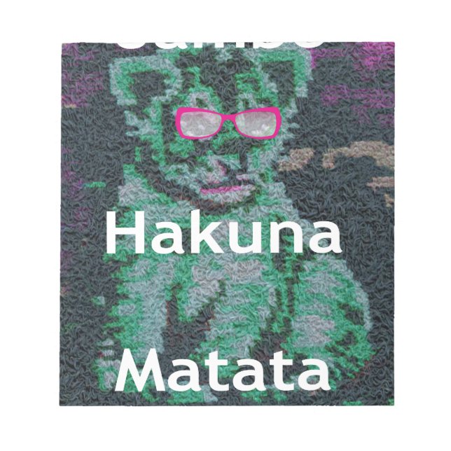 Bloco De Notas Leão Verde com Óculos Rosa "Hakuna Matata" Arte (Frente)
