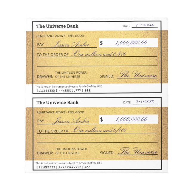 Bloco De Notas Lei da Atração Cheque em Branco de Dinheiro Dourad (Frente)