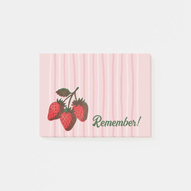 Bloco De Notas Lembrete de Morangos Rosa e Listras Bonito  (Frente)