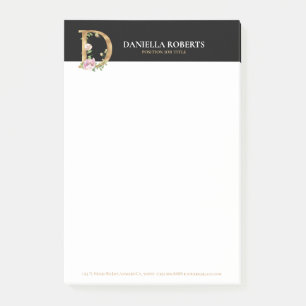 Bloco De Notas Letra Dourada e flores Monograma D