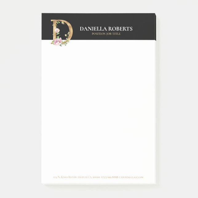 Bloco De Notas Letra Dourada e flores Monograma D (Frente)