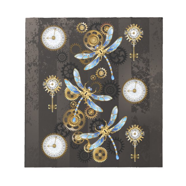 Bloco De Notas Libélulas Steampunk em fundo listrado marrom (Frente)