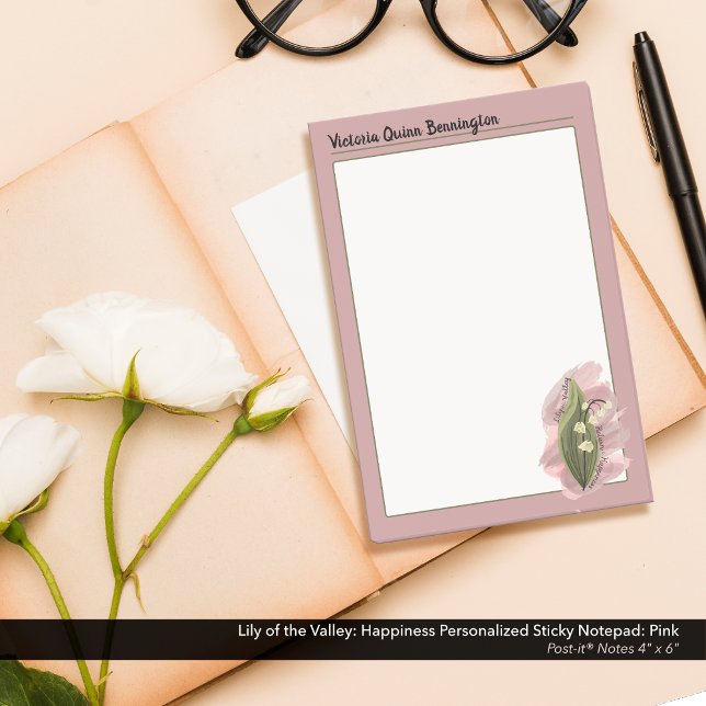 Bloco De Notas Lily do Vale Felicidade, Rosa Personalizada (Lily of the Valley: Watercolor Style, Personalized Pink  Post-it® Notes)