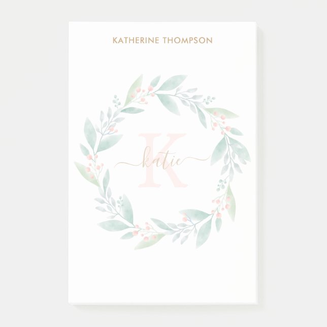Bloco De Notas Linda Watercolor Floral Wreath Monograma (Frente)