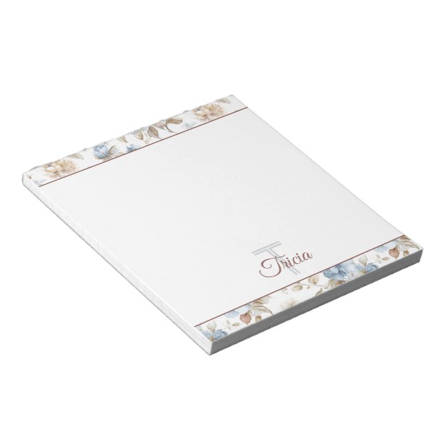 Bloco De Notas Lindas Flores Azuis Creme Bege Marrom (Inclinado)
