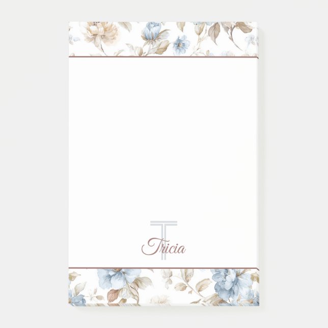Bloco De Notas Lindas Flores Azuis Creme Bege Marrom (Frente)