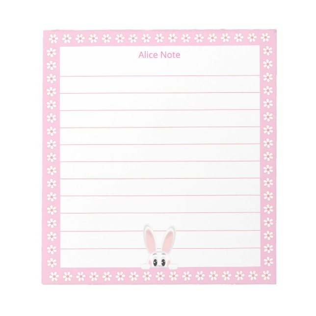 Bloco De Notas Lindo Coelho Branco & Flores Brancas em Linhas (Frente)