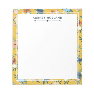 Bloco De Notas Lindo Padrão Floral Amarelo Adicionar Nome