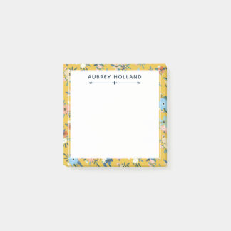 Bloco De Notas Lindo Padrão Floral Amarelo Adicionar Nome