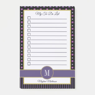 Bloco De Notas Lista De Monogramas De Faixa Floral Roxo Chic