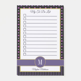 Bloco De Notas Lista de Monogramas de Stripe Floral Púrpura Chic