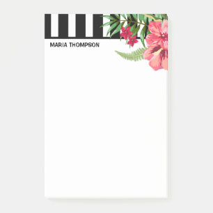 Bloco De Notas Listras Brancas E Pretas E Flores Rosa Postadas N