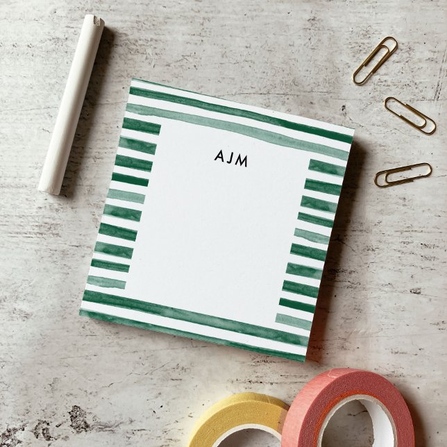 Bloco De Notas Listras de Monograma de Aquarela Verde (Green Watercolor Stripes Monogram Post-it Notes)