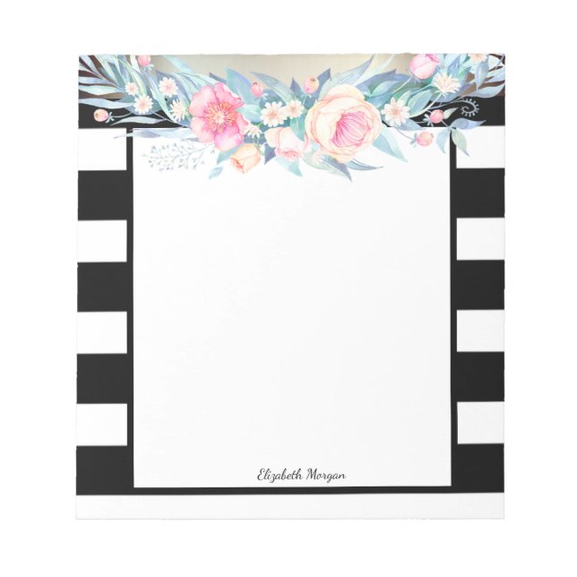 Bloco De Notas Listras Elegantes e Sofisticadas, Flores em Aquare (Frente)