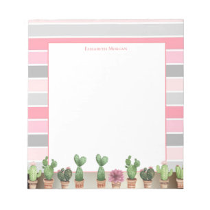 Bloco De Notas Listras Rosa Cinza Elegantes e Cacto em Aquarela