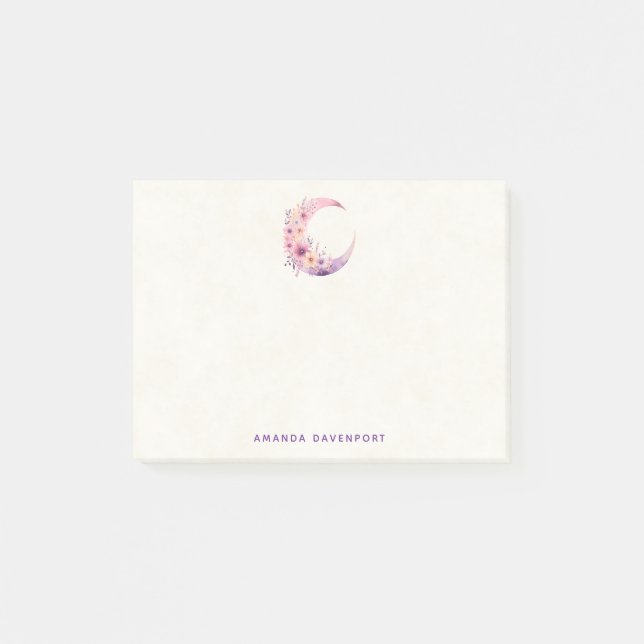 Bloco De Notas Lua de Crescente Rosa com Flores Bonito (Frente)