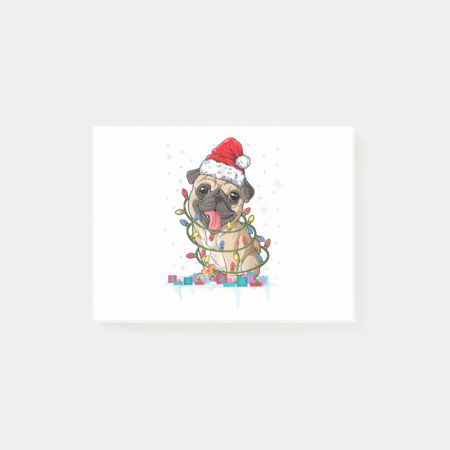 Bloco De Notas Luzes da Árvore de Natal Pug Presente do Papai Noe (Frente)