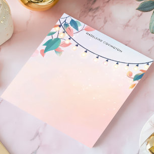 Bloco De Notas Luzes de Corda e Folhas Nome Personalizado Pastel