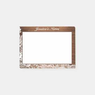 Bloco De Notas Madeira Rústica & Renda Branca Personalizado