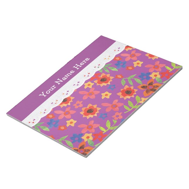 Bloco De Notas Magenta Floral Personalizada, Notepad de rendas Fa (Inclinado)
