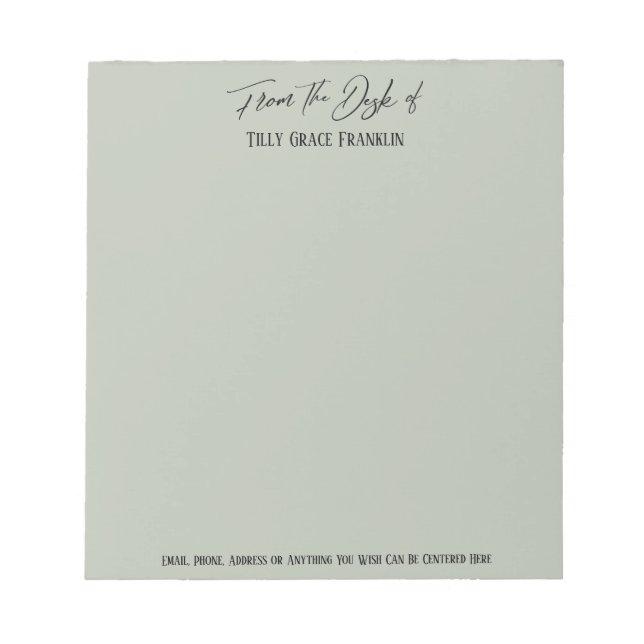Bloco De Notas Manuscrito elegante "Da mesa de" Sage Green (Frente)