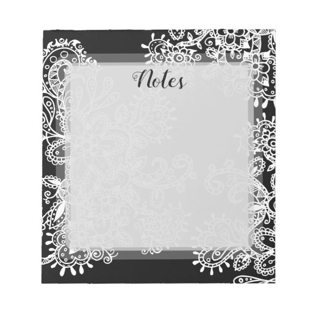 Bloco De Notas Mão desenhada Preta e Branco Flores de Mandala (Frente)