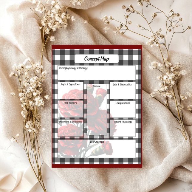 Bloco De Notas Mapa Conceitual Gingham Floral Preto e Branco (Criador carregado)