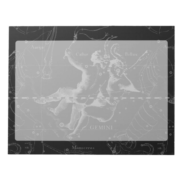 Bloco De Notas Mapa da Constelação Gemini Hevelius 1690 em Preto (Frente)