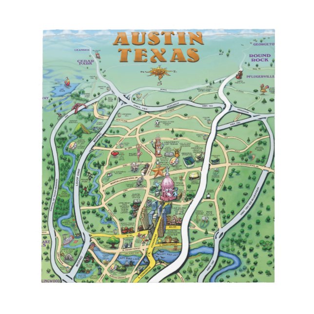 Bloco De Notas Mapa de Cartoons de Austin Texas (Frente)