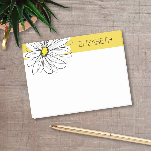 Bloco De Notas Margarida Branca e Amarela com Texto Personalizado (Personalized post-it notes with a name and whimsical daisy.)