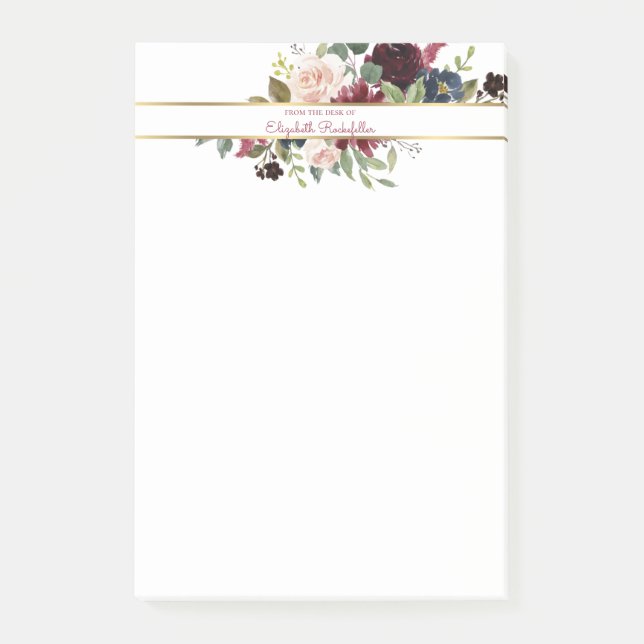 Bloco De Notas Marinho Burgundy Dourado Boho Buquê Floral Persona (Frente)