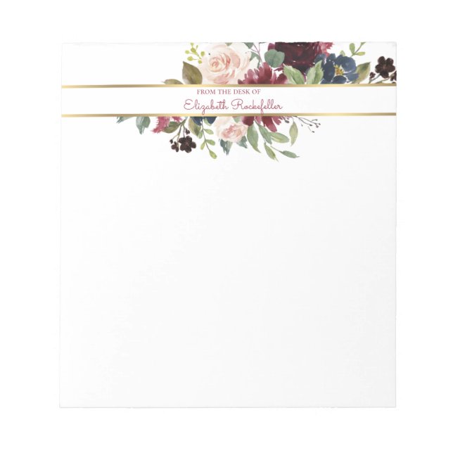 Bloco De Notas Marinho Burgundy Dourado Boho Buquê Floral Persona (Frente)