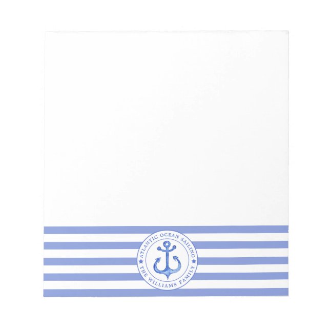 Bloco De Notas Marinho de Âncora Náutica Azul Striped Personaliza (Frente)