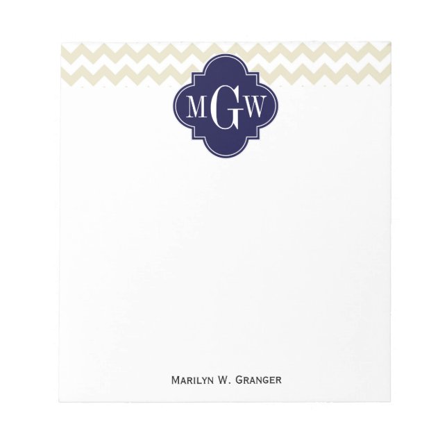 Bloco De Notas Marinho Quatrefoil Branco Beige Chevron 3 Monogram (Frente)