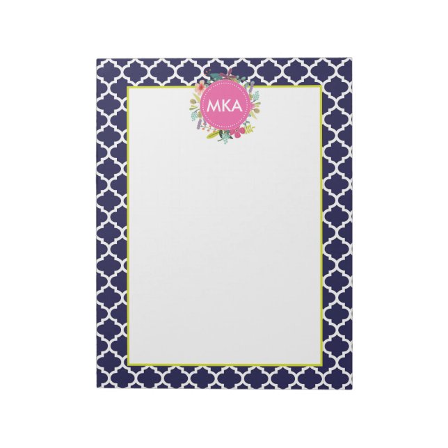 Bloco De Notas Marinho Quatrefoil Floral Grande Notepad Personali (Invertido)