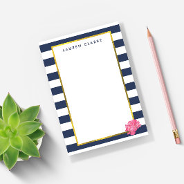 Bloco De Notas Marinho Stripe e Penônio Rosa Personalizado
