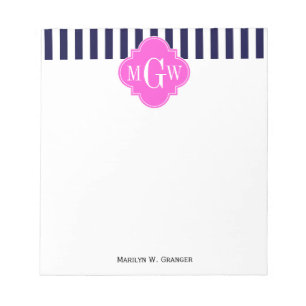 Bloco De Notas Marinho White Stripe Quatrefoil Rosa Quente 3 Mono