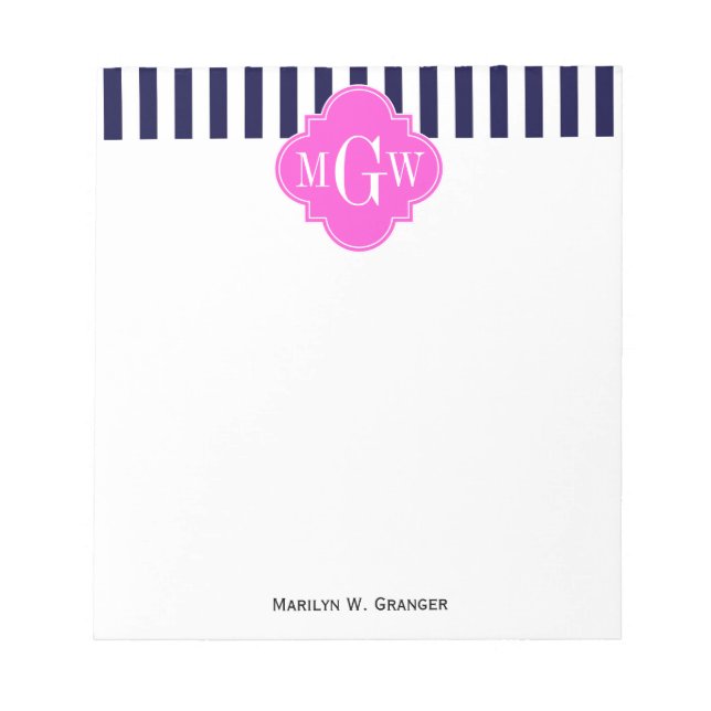 Bloco De Notas Marinho White Stripe Quatrefoil Rosa Quente 3 Mono (Frente)