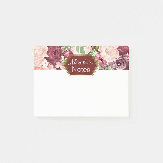 Bloco De Notas Marsala Maroon Burgundy Floral Personalizado (Frente)