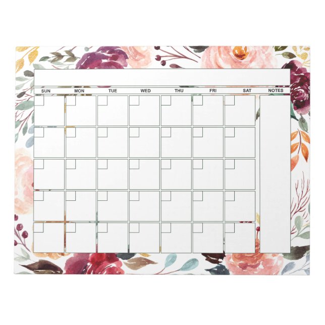 Bloco De Notas Marsala Peach Calendário Floral Mensal do Planejad (Frente)