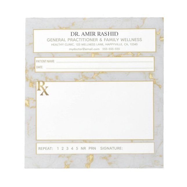 Bloco De Notas Matte Gold White Grey Marble Doctor Prescription (Frente)
