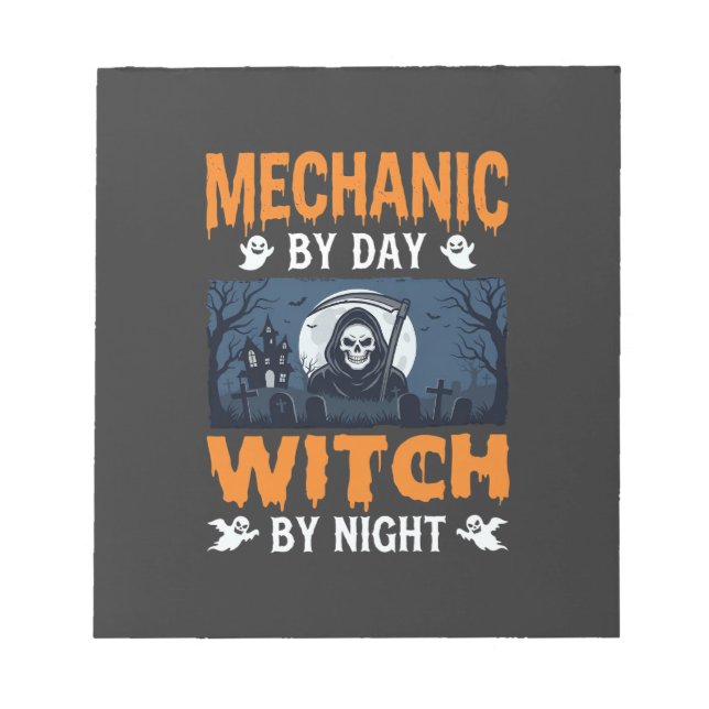 Bloco De Notas Mecânico de Halloween de Dia, Bruxa à Noite (Frente)